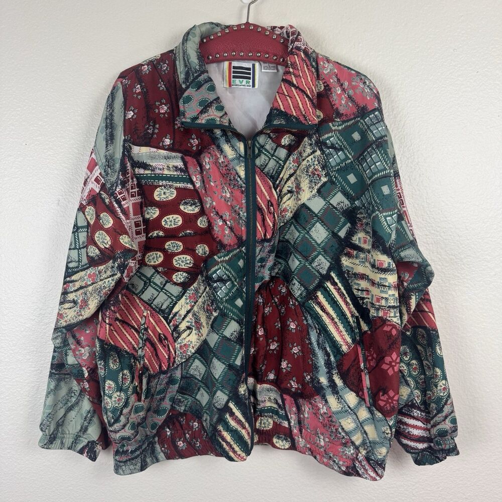 Vintage EVR Silk Mixed Abstract Print Full Zip Front Windbreaker Jacket Large